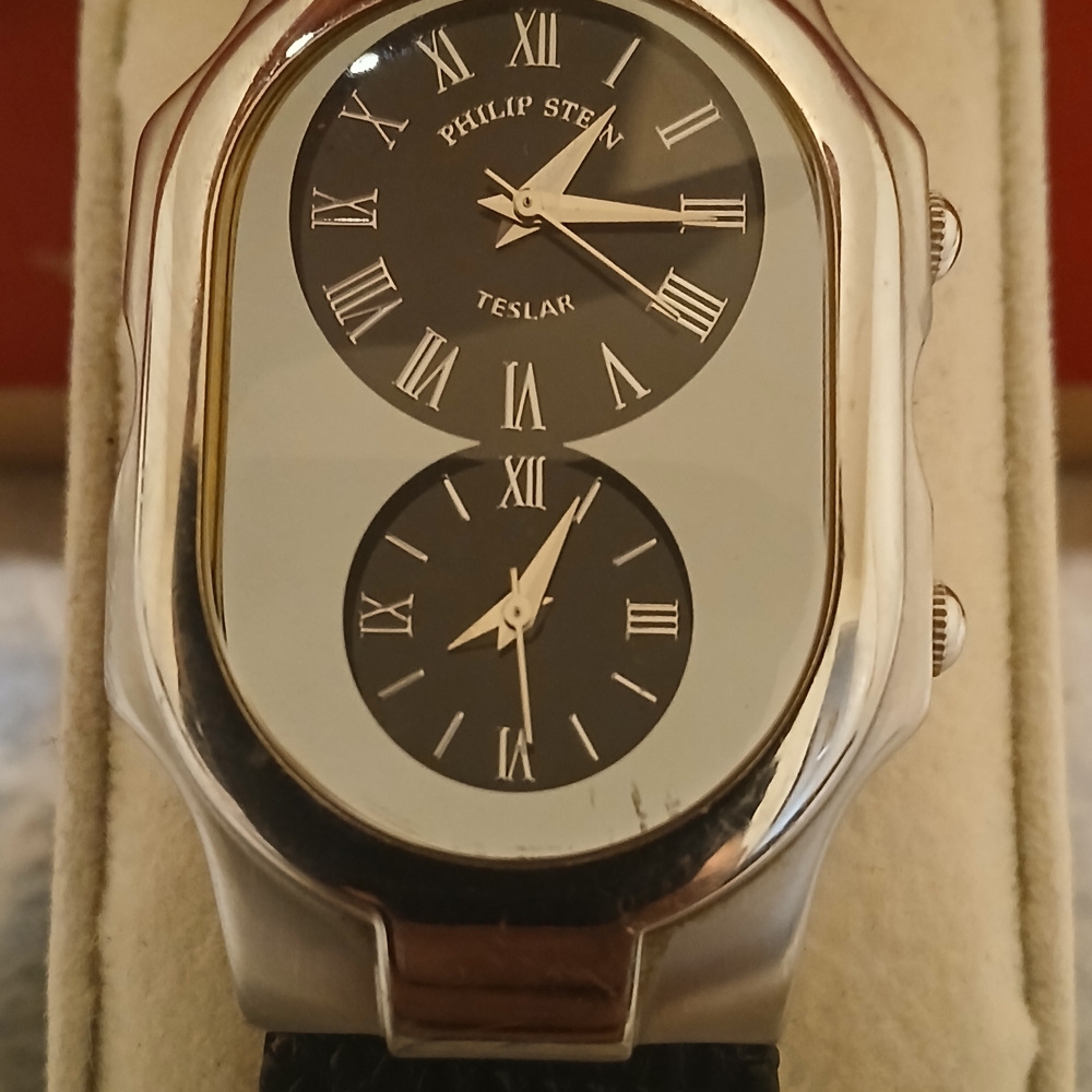 Philip Stein Silver and Black with Dual Time Zone Signature Collection